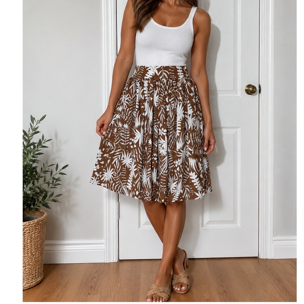 NWT Yakira Bella‎ Skirt Womens Mocha Tropical Leaf Print Pockets XXS